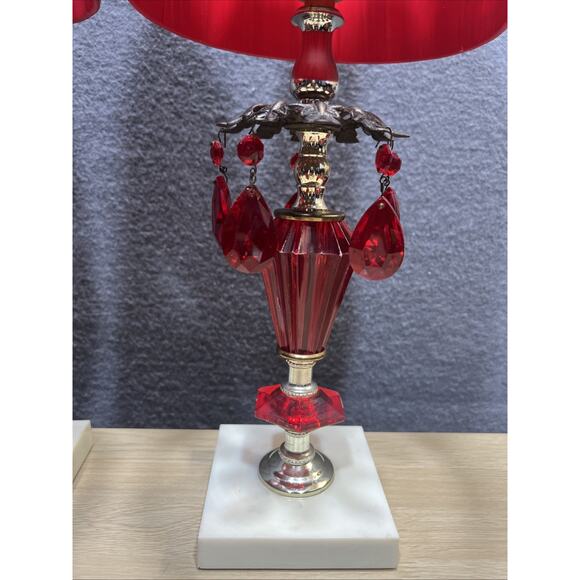 Vintage Red Hollywood Regency Lamp Crystals Gold Marble Punch Pleat Shade Lot 2 - Picture 4 of 15
